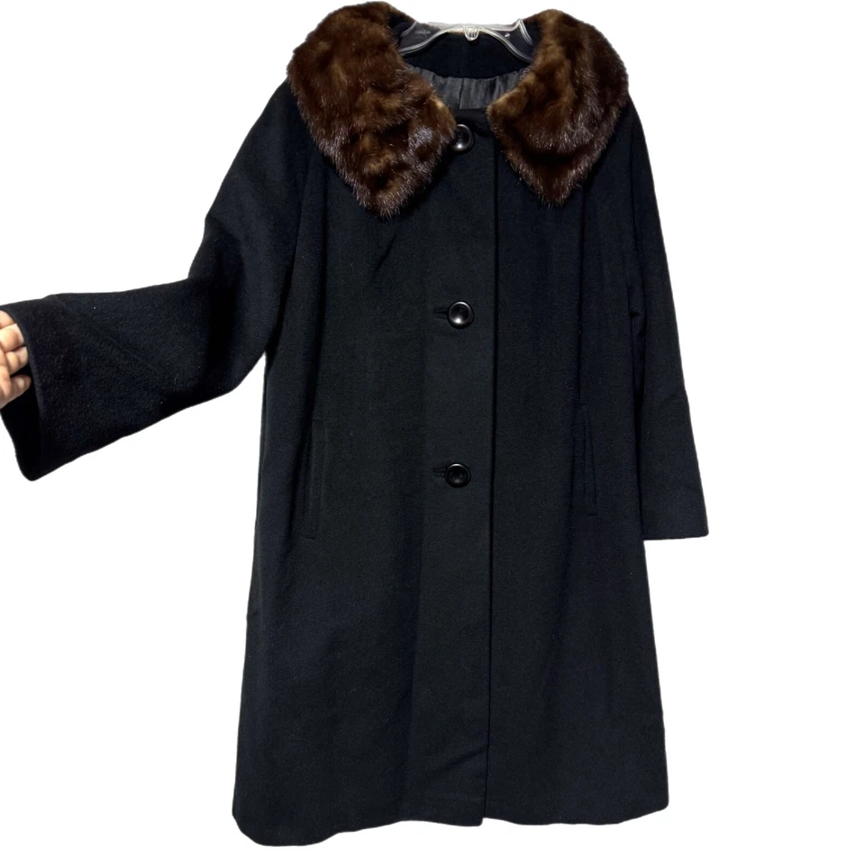 Vintage Women’s Black Cashmere & Mink Collar Swing Mid Long Length Pea Coat M/L - Image 4 of 4