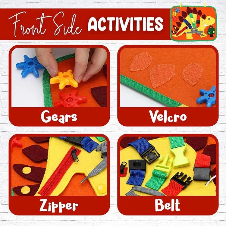 Tablero ocupado juguetes Montessori para niños pequeños, tablero de actividad sensorial de dinosaurios Foto 4 de 4