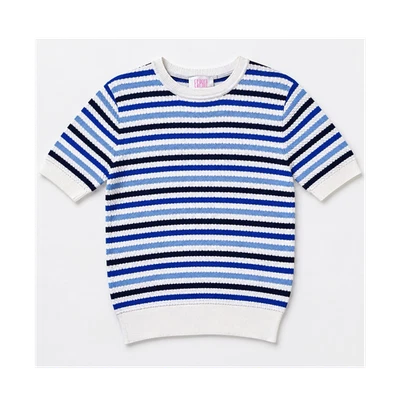 Savida Blue Stripe Knit Top UK 14 EU 42 Coastal Y2K Short Sleeve Jumper - Image 1 of 4