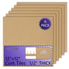 Cork Board Bulletin 12x12 1/2"Thick Tiles 6 Pack Self-Adhesive Small Square Pin
