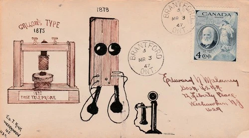 Canada BRANTFORD 4c Alexander Graham Bell fdc HAND PAINTED CACHET Ed T Kirk 1947