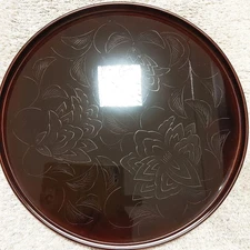 Echizen Lacquerware Black Tray 30cm Unused with Box Intricate Flower Carving