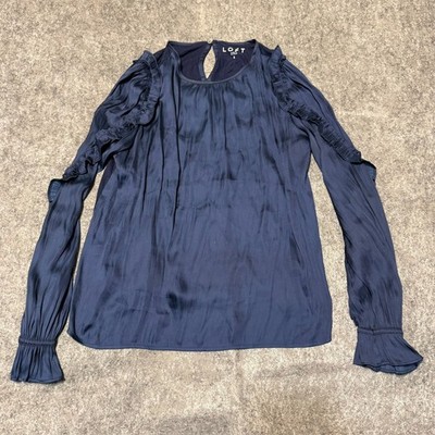 Loft Womens Blouse Top Size S Blue Ruffled Flowing Sleeves Scoop Neck