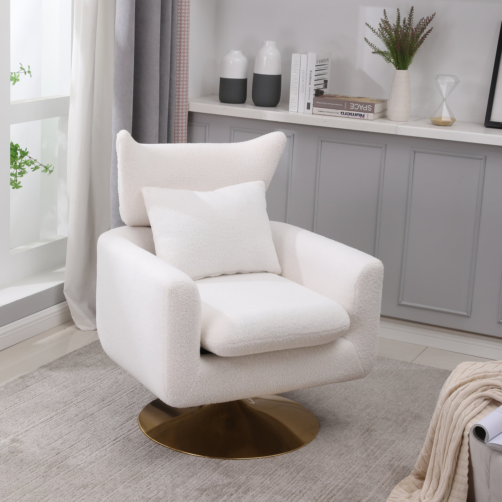 Mid-Century Modern 360-Degree Swivel Accent Chair in Soft White Teddy Fabric