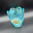 Vtg Fenton Glass Teal Iridized Atlantis Koi Fish Vase 95th Anniversary Signed