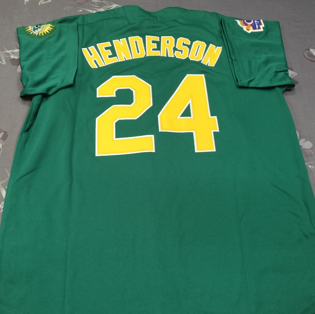 VINTAGE Rickey Henderson #24 Athletics Throwback Green Sewn Stitched Jersey.