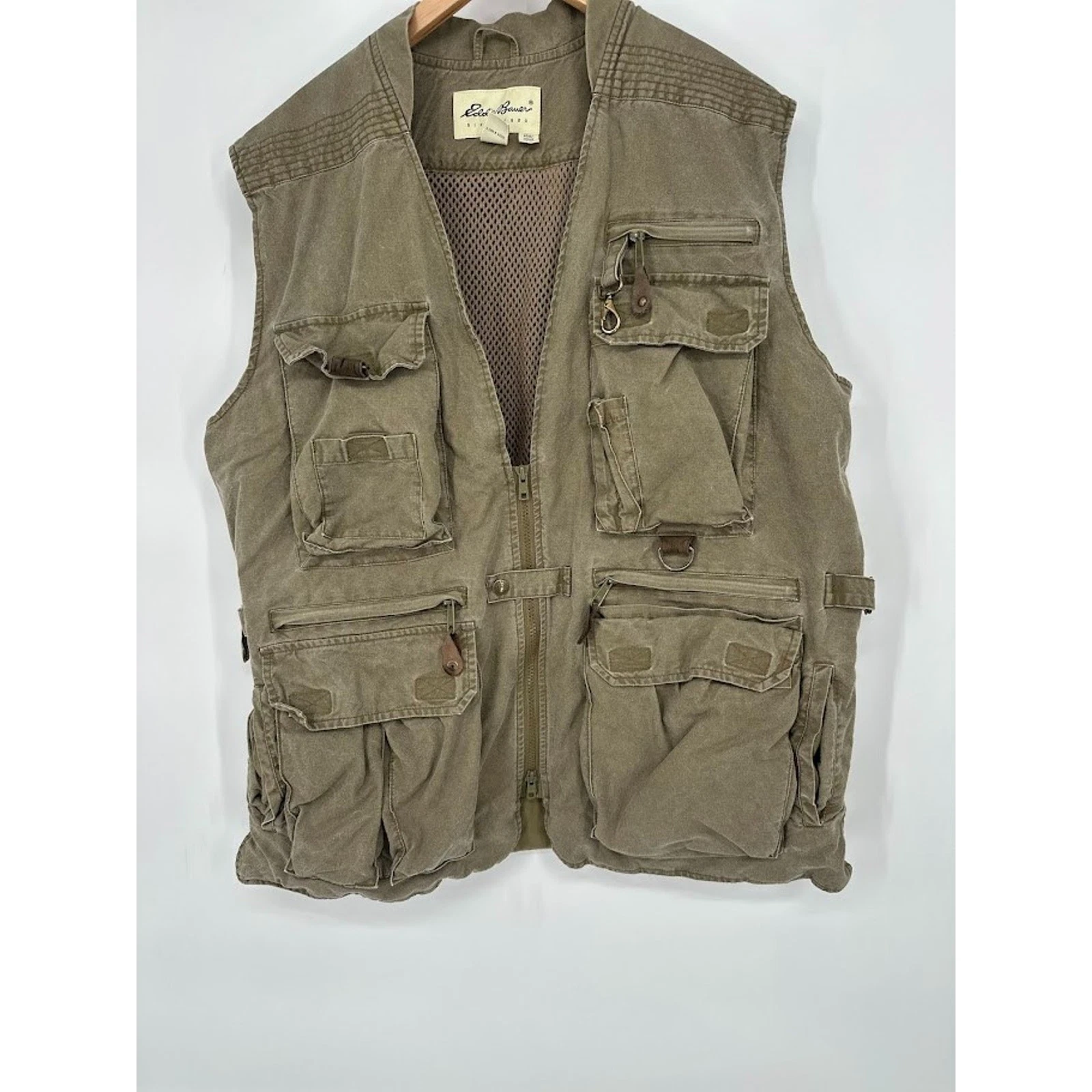 Eddie Bauer Mens Cargo Vest Khaki Utility Pockets Medium Y2K Workwear Safari