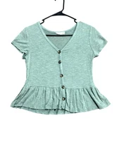 Rose Peplum Shirt Womens Medium Green Button Front V Neck Ruffle Hem Knit