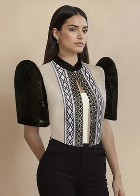 Modern Filipiniana Bolero Crop Top With Puff Sleeves Large