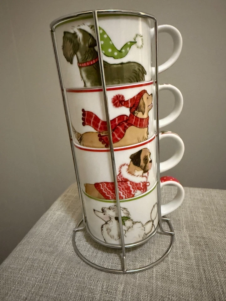 ❄️Pier 1 进口公园 AVENUE PUPPIES 圣诞节 8 盎司可堆叠马克杯套装和机架狗 — 第 2/4 张图片