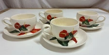 Set of 4 Vintage Santa Anita Ware Red Anthurium Flowers Of Hawaii Cups & Saucers