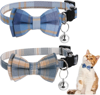 2pcs Blue & White Plaid Cat Collar Adjustable Kitten Collar with Bell & Bow Tie