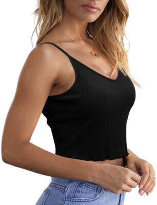 Women's Summer V Neck Spaghetti Strap Ribbed Cami Crop Tank Top