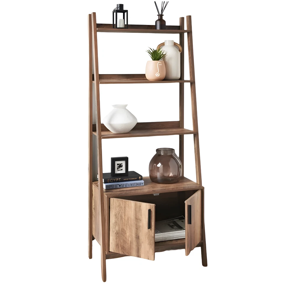 2 Door 4 Tier Shelves Tall Bookcase Ladder Shelf Bookshelf Storage Display Unit - Image 4 of 4
