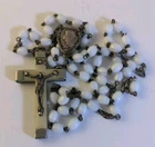 Vtg Estate Signed France White Milk Glass Bead Catholic Rosary Cross Crucifix