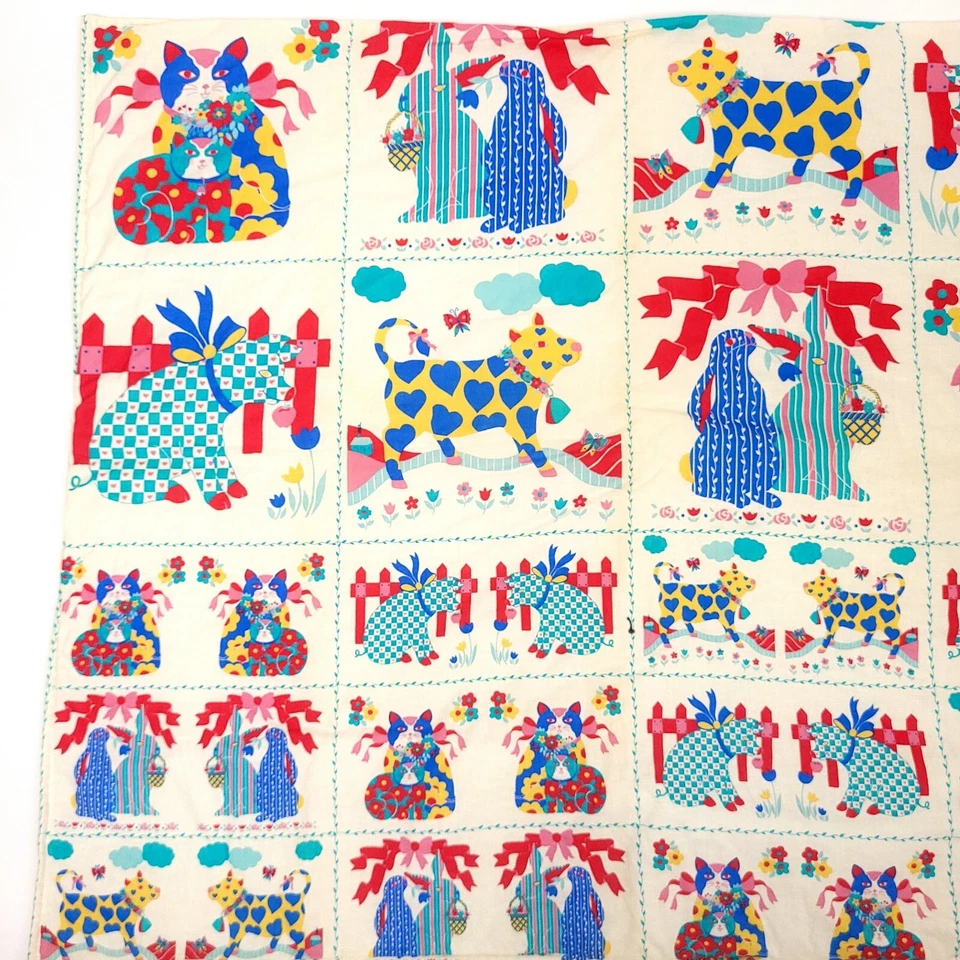 Manta Cuna Vintage Hecha a Mano Gato Vaca Conejo Algodón Multicolor Foto 3 de 4