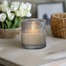 Primitive Ragon House 3.25" Gray Dotted Glass Jar 3D Flame Battery Candle 6hr Ti