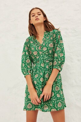 Ba&Sh £220 Paz grün bedruckt Baumwollmischung Minikleid 0 UK 6 US 2 XS NEU MIT ETIKETT SELTEN