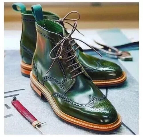 Handmade Genuine Leather Green Formal Dress Lace Up Ankle Boots For Men