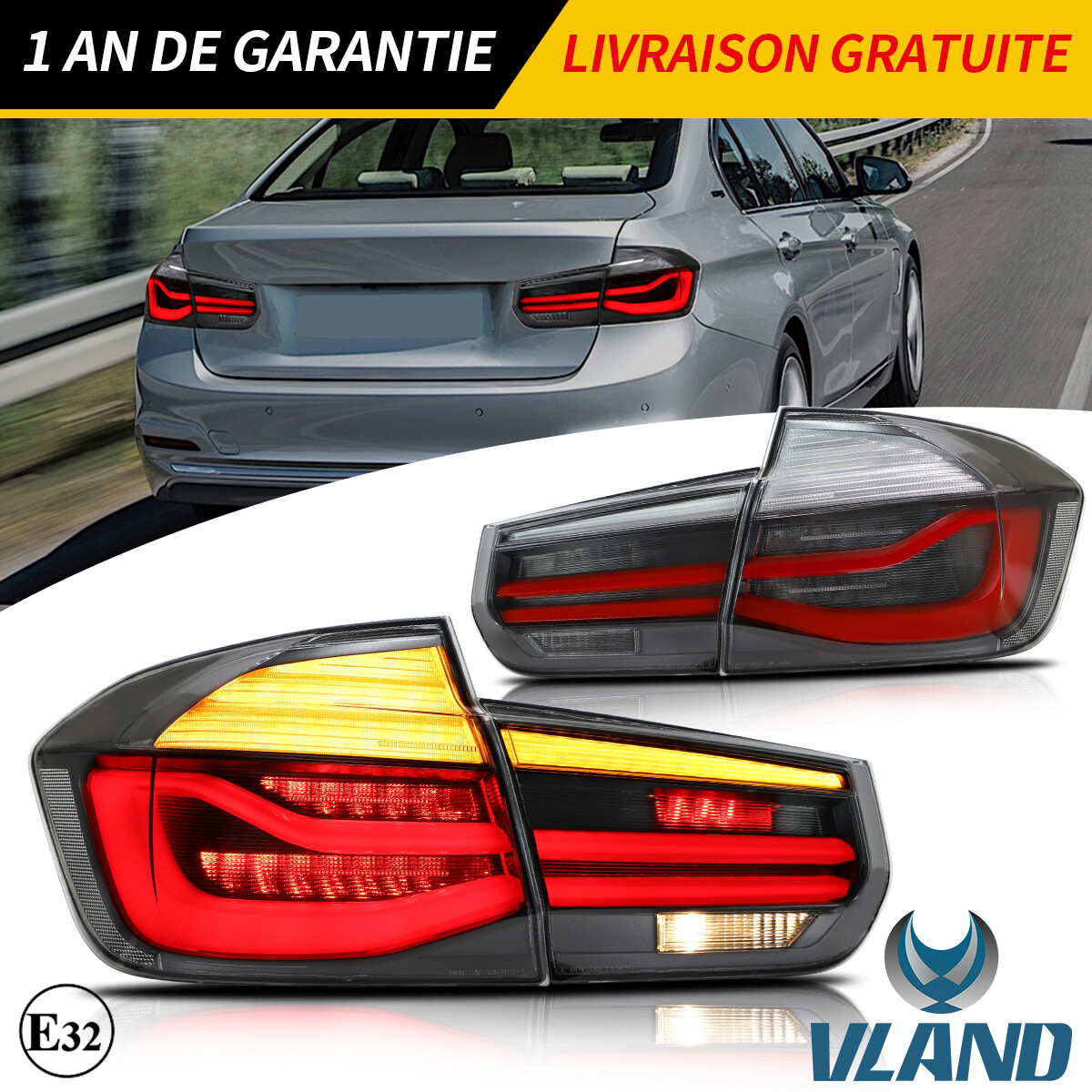 Feux arrière LED BMW F30 F80 finition noire mate et guides de lumière