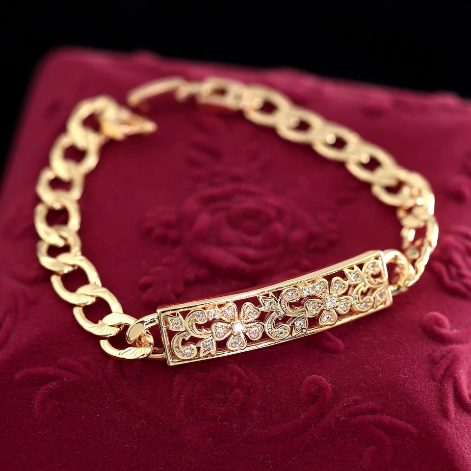 18K ROSE GOLD GF FILIGREE CRYSTAL FLOWER ID BAR CURB CHAIN LADY BANGLE BRACELET Foto 2 de 4