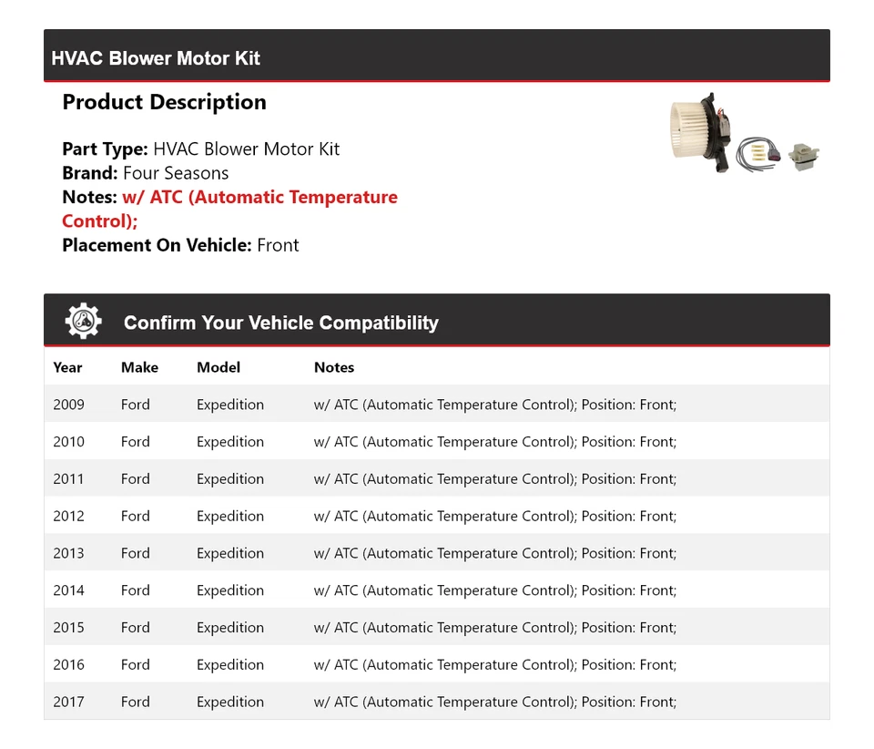 Комплект переднего двигателя вентилятора для Ford Expedition 2009-2017 годов выпуска 4 сезона 2010 2011 - Изображение 2 из 3