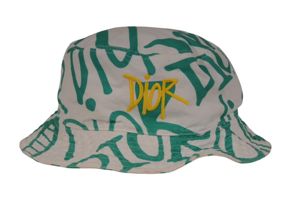 DIOR ディオール × Shawn Stussy Bucket Hat Dior SHAWN Stussy Bucket Hat Size Large White Green Yellow Cotton