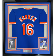 FRAMED Autographed/Signed DWIGHT DOC GOODEN 33x42 New York Blue Jersey JSA COA