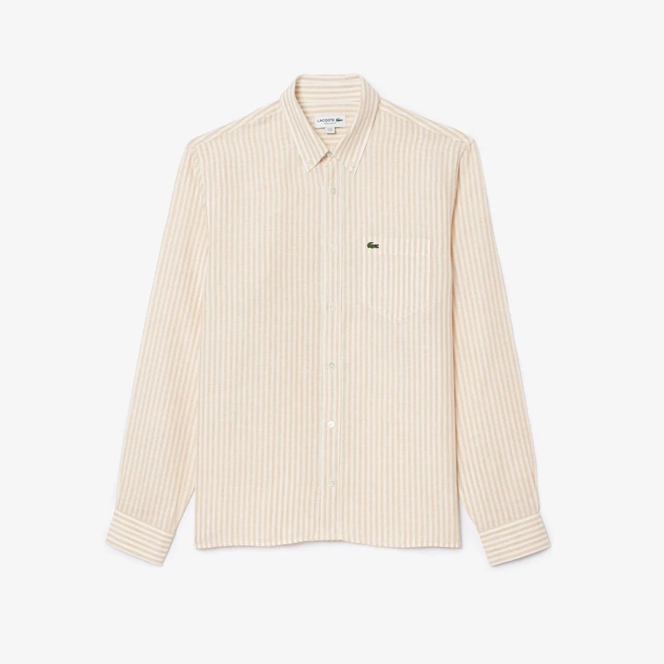 $140 Lacoste Men’s SZ XL Regular Fit Striped Linen Shirt Beige White - Image 3 of 3