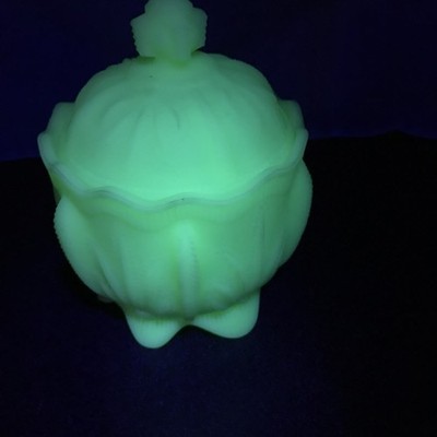 Vtg FENTON CACTUS Cream Milk Glass Covered Sugar Or Candy Bowl Uranium GLOWS