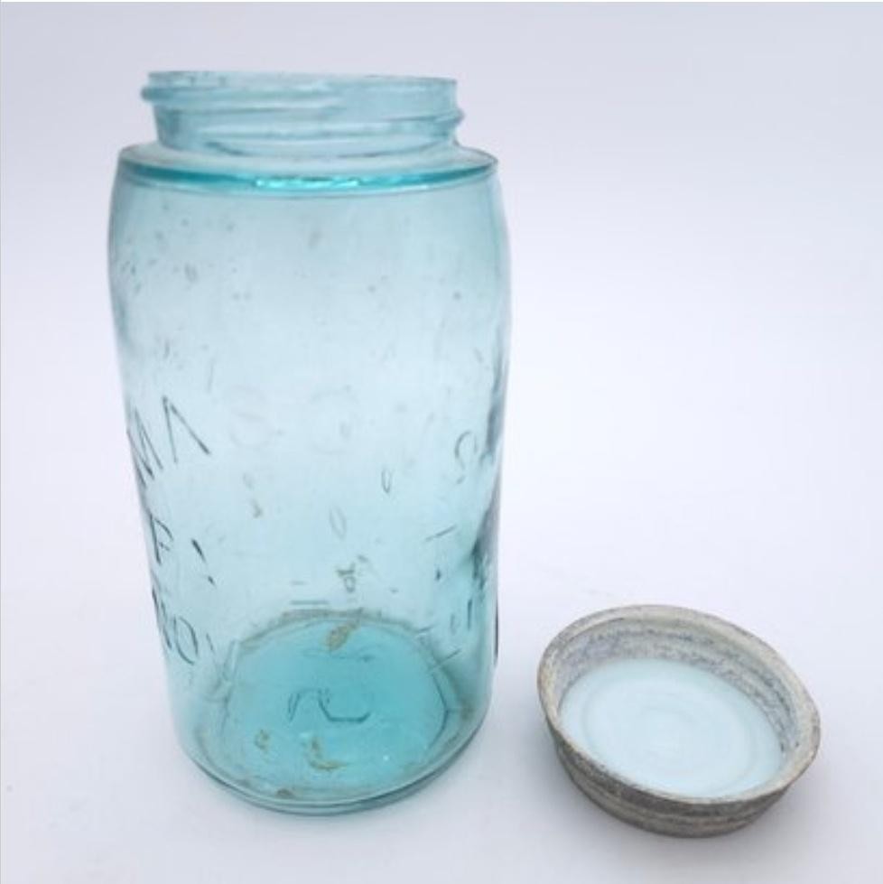 Vintage Mason's Patent Nov 30th 1858 Aqua Quart Canning Jar Zinc Lid Glass