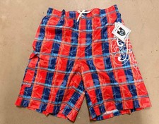Phat Farm Swim Trunks Men L Red Blue Plaid Board Shorts Mesh Lining NWT