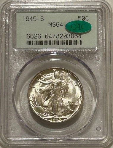 1945 S Walking Liberty Silver Half Dollar PCGS MS64 CAC Green OGH 2nd Generation