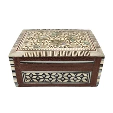 Marquetry Inlay Wood Box Desert Designs Mother of Pearl Trinket Bone Egypt
