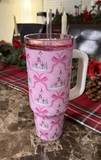 Disney Tumbler with Straw - Pink Holiday Castle and Ribbons