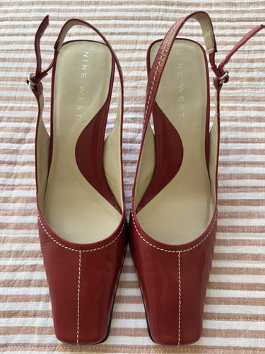 Vintage 90s Nine West Red Leather Elongated Square Toe Sling Back-Size 7.5 M