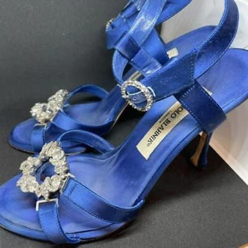 MBT Sandalo Manolo Blahnik tacchi alti in pelle bijou blu reale taglia 38