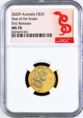 2025 Australia Bullion GOLD $25 Lunar Year of the Snake NGC MS70 1/4oz Coin FR