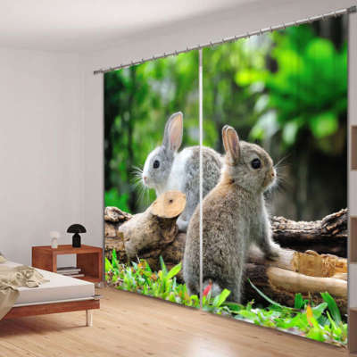 Lively White Rabbit 3D Blockout Photo Curtain Print Curtains Fabric Kids Window