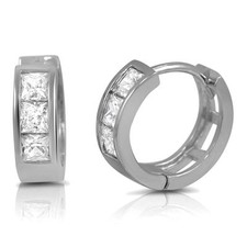 Silver Tone Rhodium Princess Cut White CZ Small Hoop Huggie Earrings 12mm or 0.5