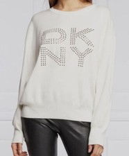  530 DKNY Women's White Embellished Logo Crewneck Long Sleeve Sweater Size S