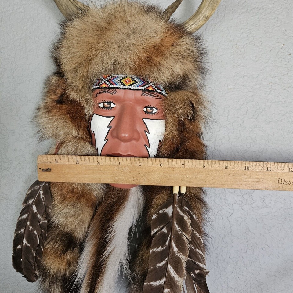 Native American Indian Spirit Mask Face Wall Hanging Real Fur Feathers