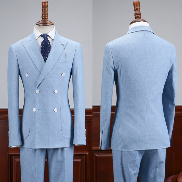 Men's Blue Seersucker Suits Doublebreasted Leisure Summer Beach