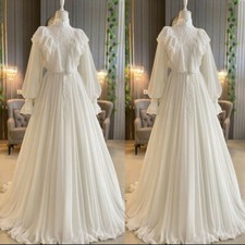 Muslim Classical Wedding Dresses A-Line Long Sleeve Ruching Flounce Bridal Gowns