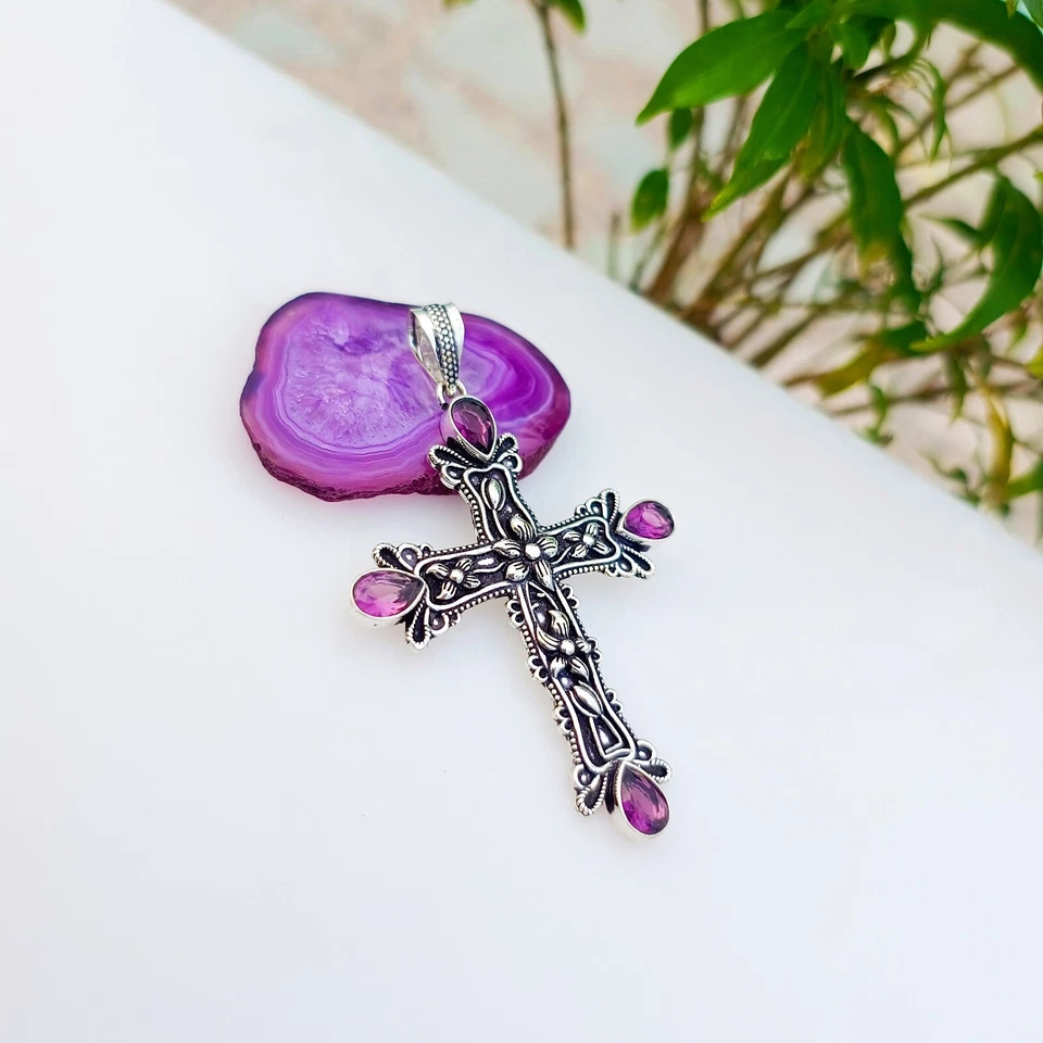 Amethyst Cross Pendant 925 Sterling Silver Handmade Gemstone Jewelry 2.83" - Image 2 of 4