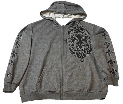 Y2K Fleur De Lis Rhinestone Zip Up Hoodie Women s Xs Grunge Gray