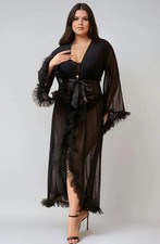 Plus Size Black Sheer Ruffle Trim Robe – Elegant Lingerie Cover-Up