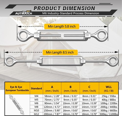 Heavy Duty Silver Turnbuckle Kit, 304 Stainless Steel - Afbeelding 6 van 9