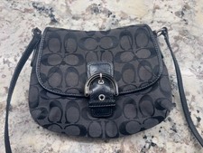 Coach Logo Canvas Crossbody Bag Gray Black Leather Trim Silver Hardware