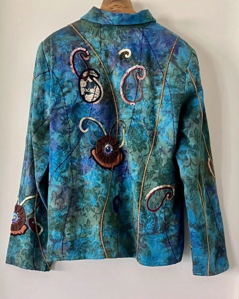 CHAQUETA ÍNDIGO MOON VINTAGE AÑOS 90 TURQUESA PAISLEY LENTEJUELAS ORO ABOTONADA - TALLA XL Foto 3 de 4